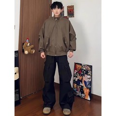 美ラードの茶色の皮のコートの男性の春秋のアメリカ式の短い機関車のジャケットの高級感の立襟のごろつきのかっこいい野球の服