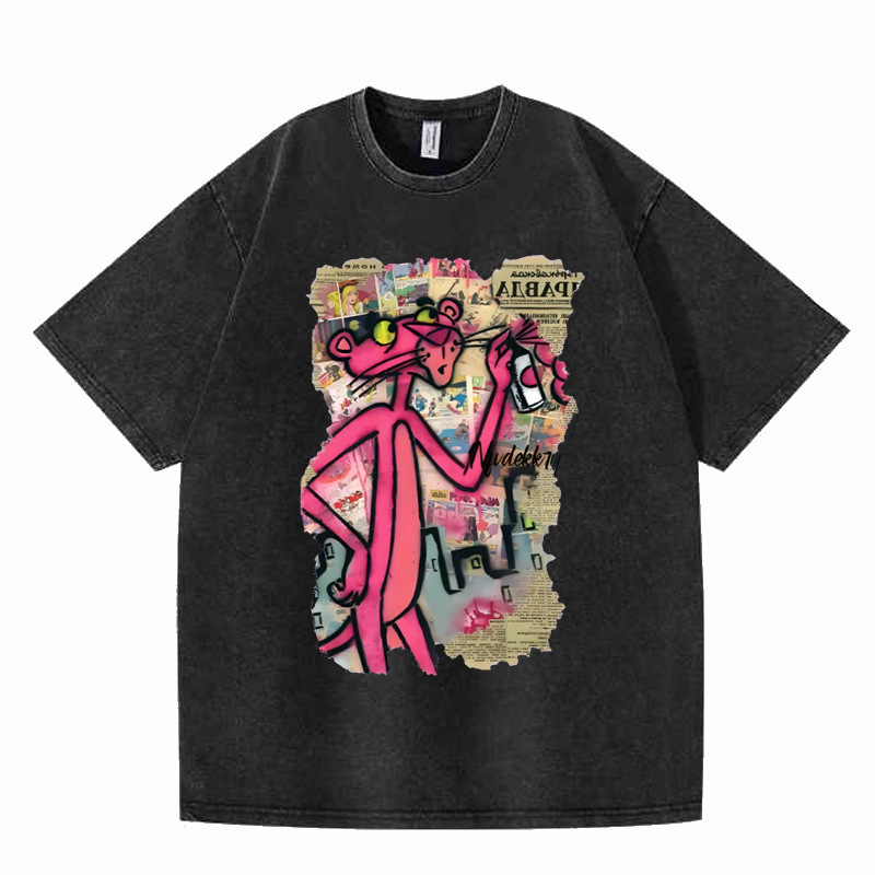 Pure Cotton Washed Distressed T-Shirt European and American Style Cartoon Street Pink Animal Punk Style Printed Top New