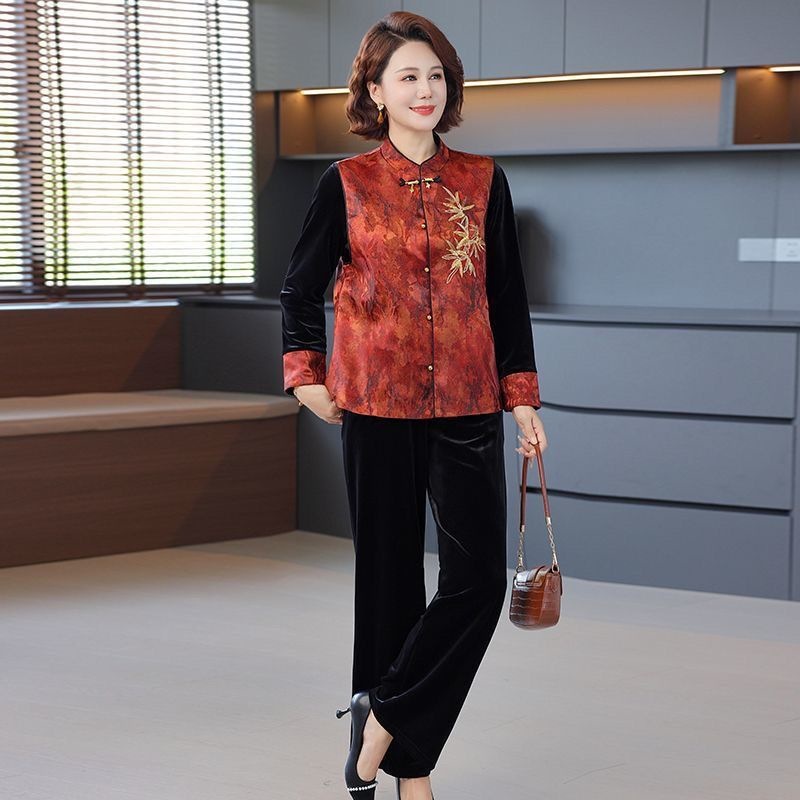 新款春秋装妈妈国风中式金丝绒马甲洋气三件套中老年女装时尚套装|undefined
