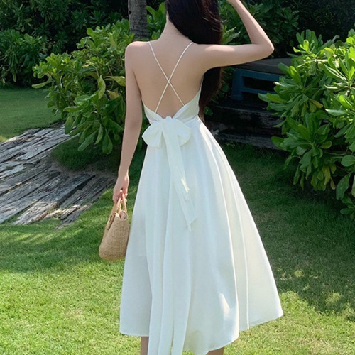 French-style sexy pure desire backless bow-neck white tank top dress for women summer beach vacation temperament long dress
