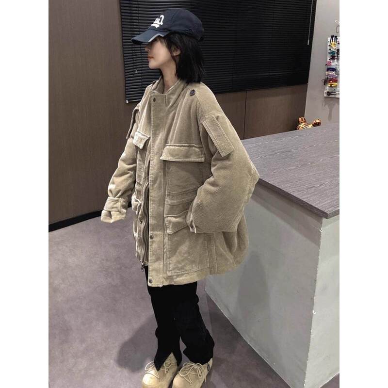 Thickened Korean-Style Versatile Loose Mid-Length Coat for Petite Women, Winter Fashion Casual Multi-Pocket Solid Color Top Thickened Korean-Style Versatile Loose Mid-Length Coat for Petite Women, Winter Fashion Casual Multi-Pocket Solid Color Top
