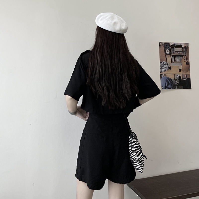 리얼 샷 디아블로 툴링 세트 여자 2021 년 여름 블랙 슬림 셔츠 높은 허리 넓은 다리 반바지 투피스 세트