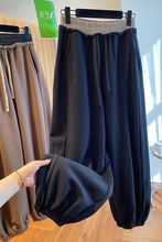 特大码300斤春秋小众撞色松紧腰休闲卫裤女胖mm宽松哈伦束脚长裤