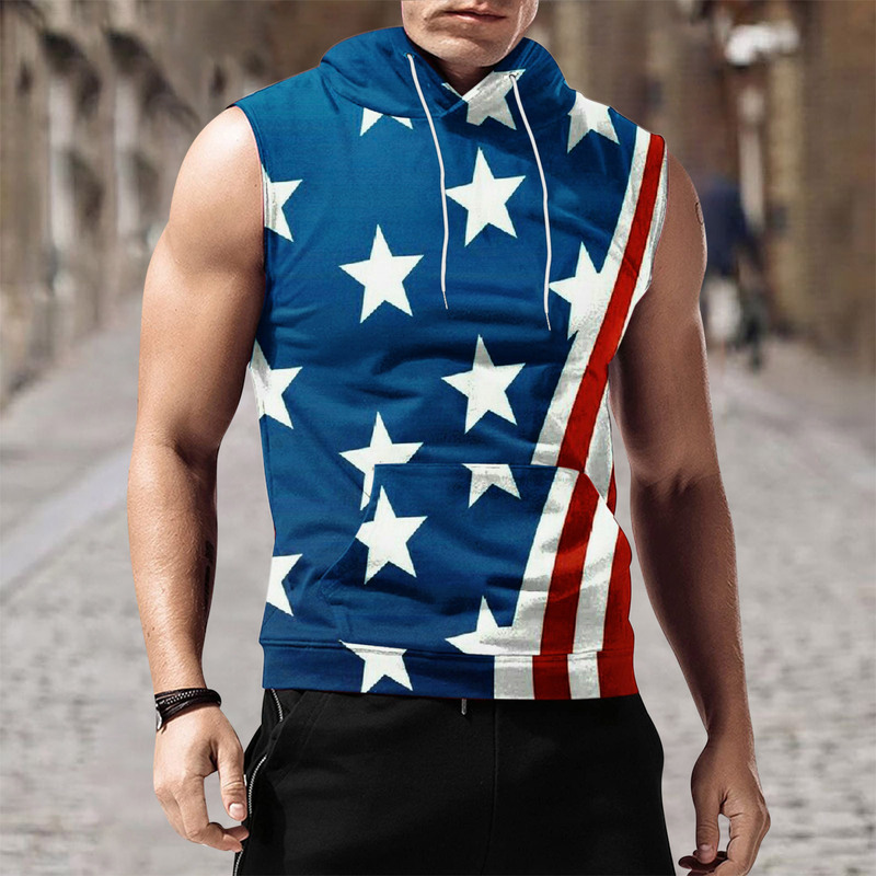 Wholesale 2023 Europe and the United States cross-border new men's flag theme 3D hooded sleeveless loose printing vest T-shirt