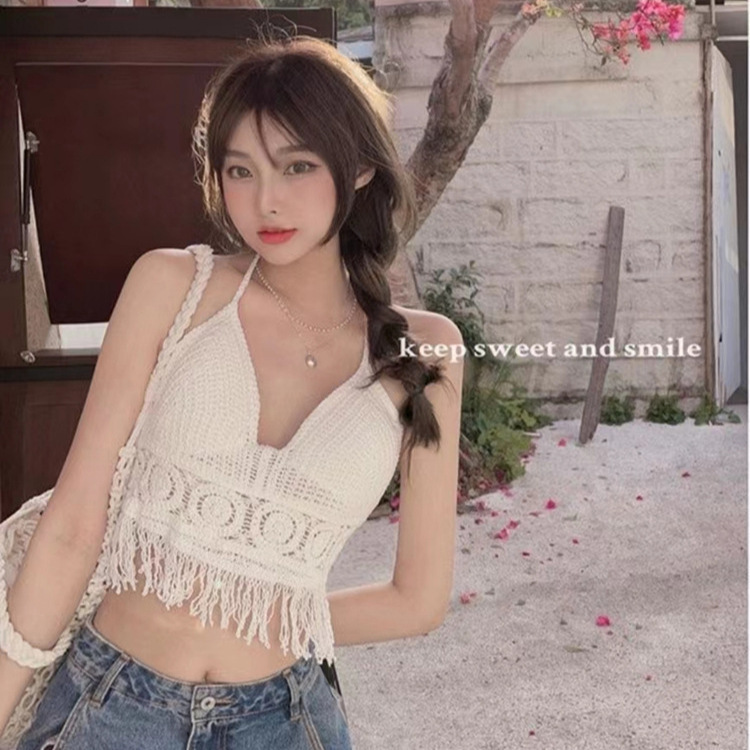 Summer Seaside Spice Girls Pure Desire Style Hollow Shoulder Woven Backless Vacation Women's Short Small Camisole Women's Inner Vest