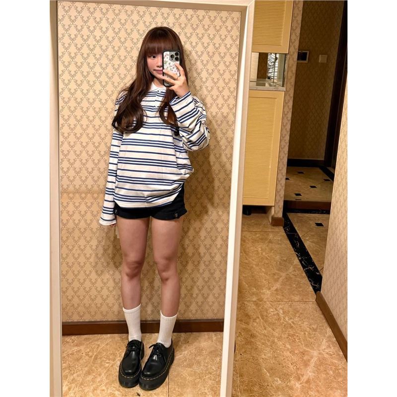 现货女装实价 韩系蓝白条纹polo衫长袖t恤女宽松慵懒风松弛感上衣|undefined