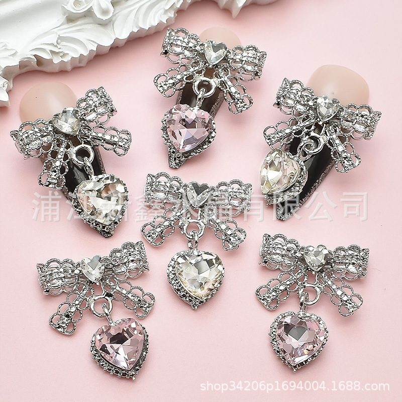 New Hollow Bow Diamond Heart Pendant Nail Art Jewelry Lace Bow Tie Nail Large Diamond Wearable Nail Accessories