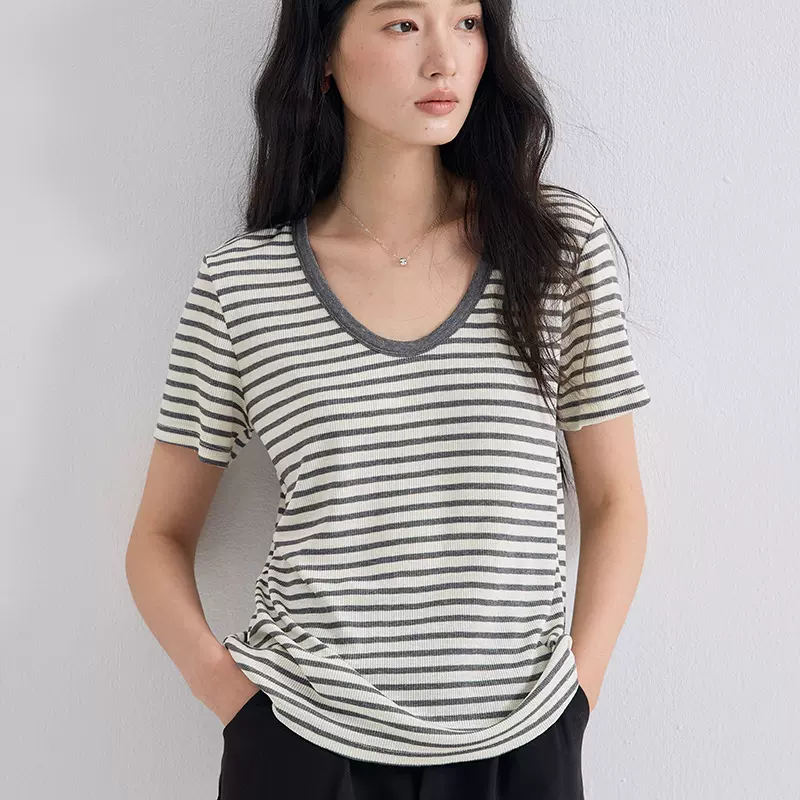 天丝醋酸U领短袖2026春夏新款亚麻显瘦T恤基础款百搭凉感上衣女