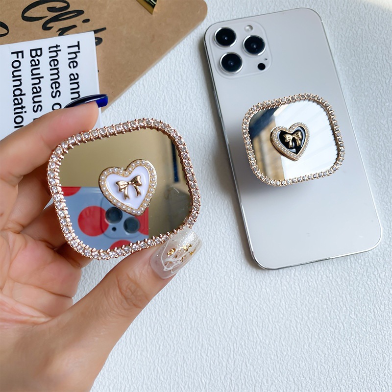 Mobile phone holder, mirror, back sticker, retractable airbag, love square rhinestone, Ins style, luxurious folding and_voghion.com