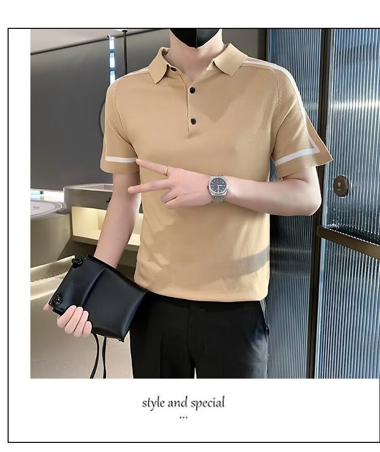 Herr polo randig kort ärm slim fit stickad sommartröja_voghion.com