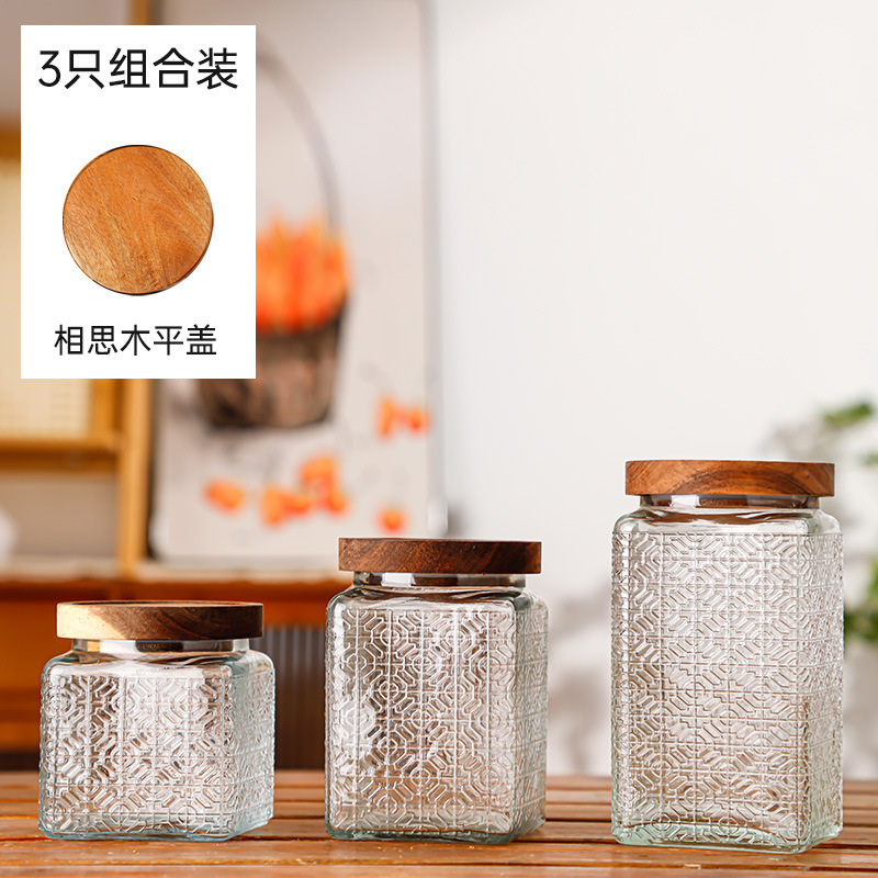 Hogar vintage Begonia flor realzada snack caramelo almacenamiento tarro bambú cubierta americana cocina transparente vidrio sellado frasco