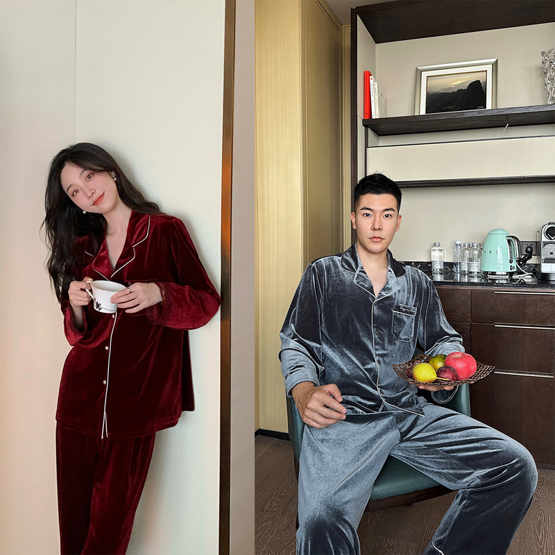 Little Red Book recommend gold velvet couple pajamas women's autumn and winter long-sleeved trousers luxury homewear suit New