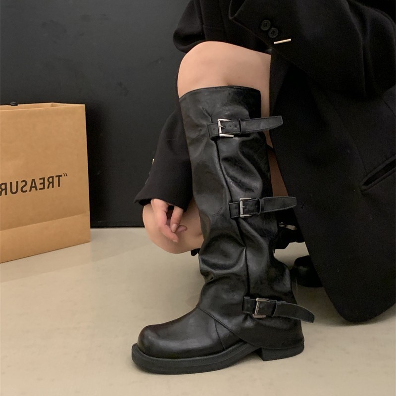 2025新款复古粗跟中筒靴女秋冬新款复古粗跟西部牛仔堆堆靴女|undefined