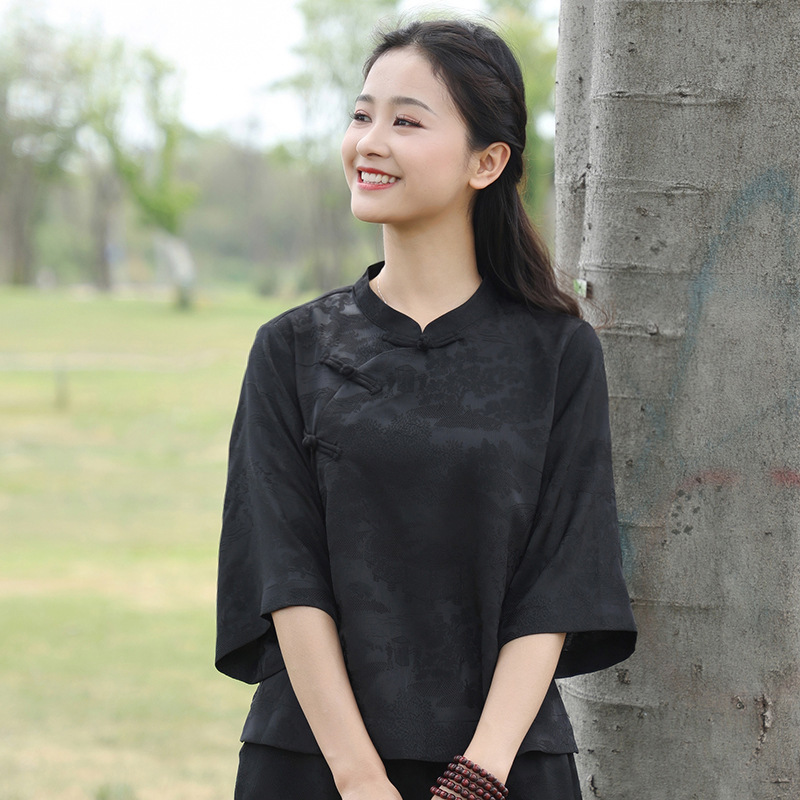 Gu Yishang Short Shirt for Women 2026 Summer New Style New Chinese Retro Small Stand Collar Diagonal Placket 5-Point Flared Sleeve Top