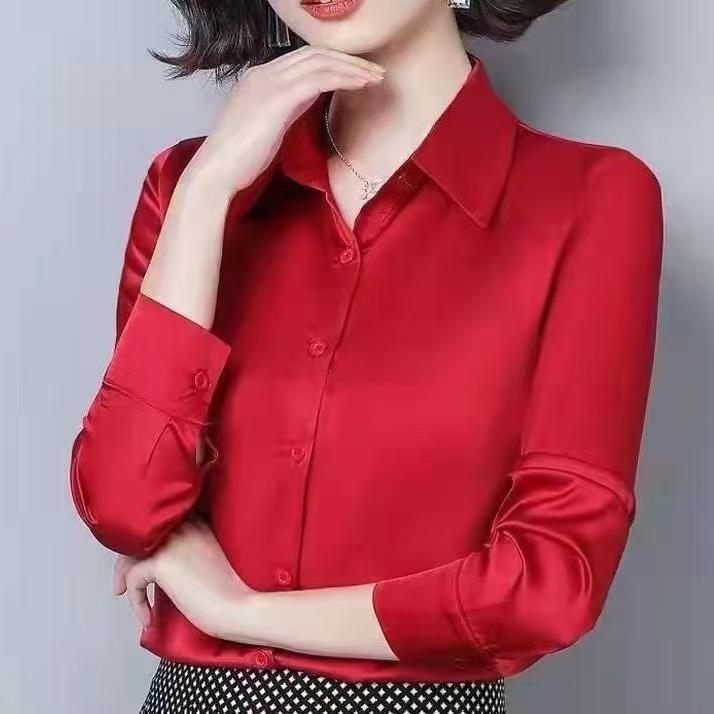 醋酸缎面衬衣女职业装春夏复古港味风设计感小众长袖衬衣白色|undefined