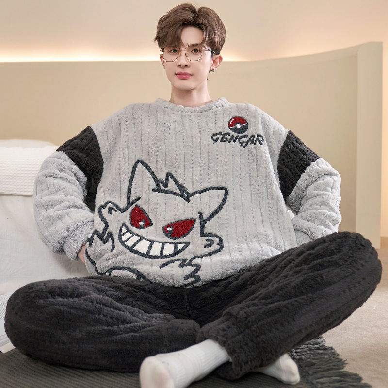 珊瑚绒睡衣男款秋冬季加绒加厚青少年初中学生大码法兰绒保暖套装|undefined