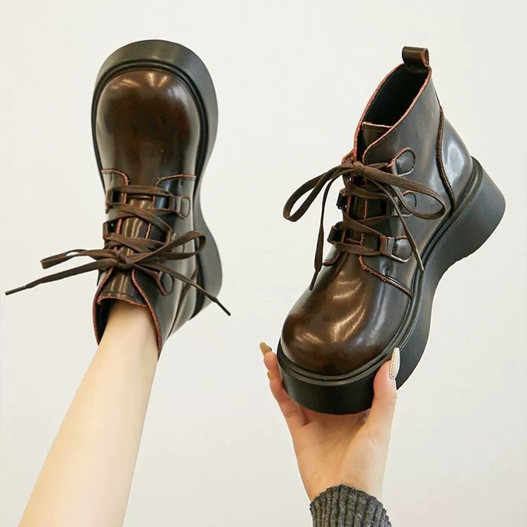Красивые женские ботинки в стиле ретро с круглым носком, модель 2023 года, осень/зима, новый стиль, милые, на массивной толстой подошве, увеличивающие рост, короткие ботинки.