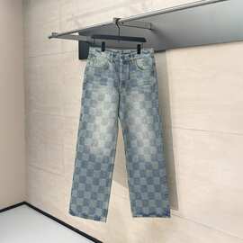 正确版现货原标V家5新款铜扣棋盘格牛仔裤直筒休闲长裤男女同款