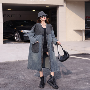 2022 Denim Contrast Stitching V-neck Mid-length Jacket Vintage Old-fashioned Loose Large Size Long-sleeved Coat