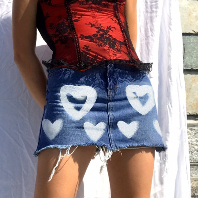 love heart print contrast denim A-line skirt  NSLQ38985