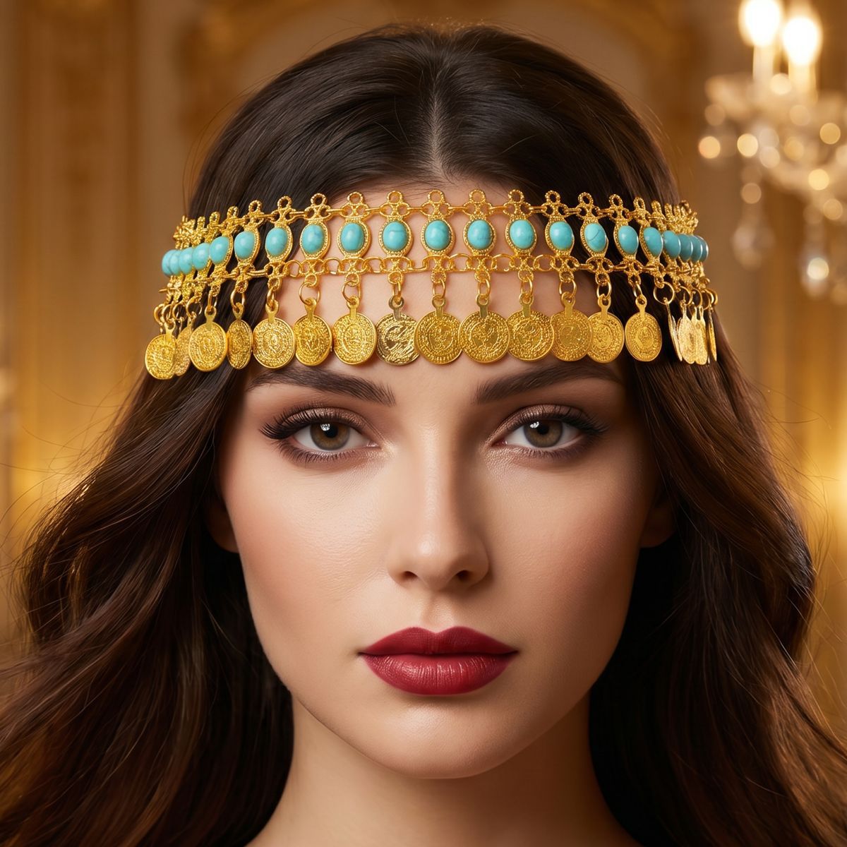 Popular European and American fashion headwear: Egyptian gold alloy coin tassel imitation turquoise head chain for women's party head decoration