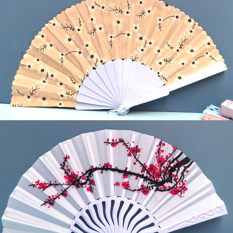 古风青花儿童好开合蓝色红色舞蹈扇子绸布扇塑料折扇白色2把包邮