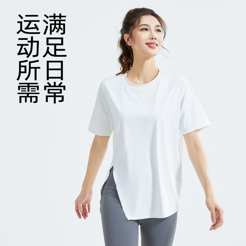 Juyitang Spring and Autumn New Yoga Suit Slit Loose Sports Short Sleeve Running T-shirt Top