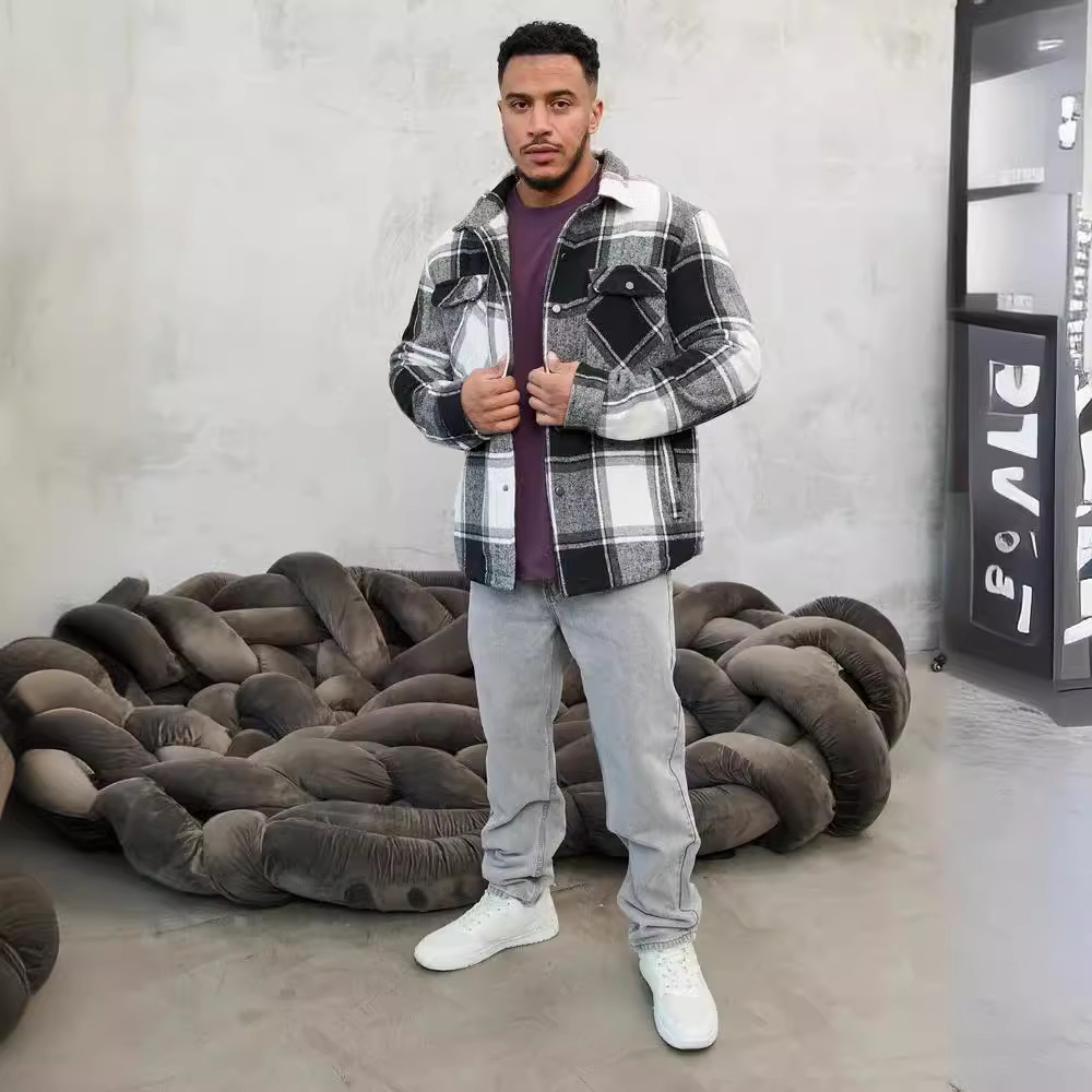 Men's Clothing flannel long sleeved lapel plus velvet warm loose fitting pocket men's jacket_voghion.com