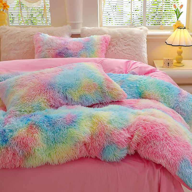 Juego de cama de cuatro piezas de terciopelo de visón, funda nórdica de felpa larga y cálida, terciopelo de cristal de color liso, exclusivo para exportación transfronteriza.