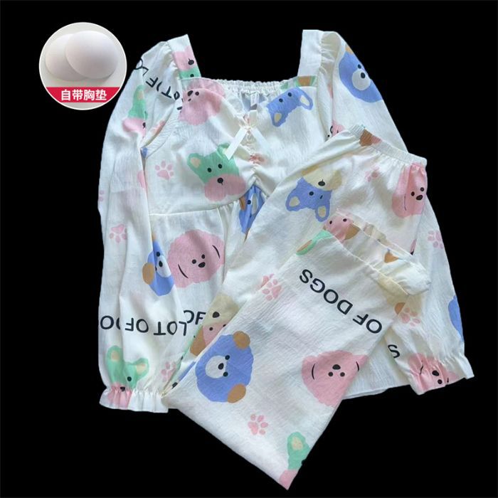 Pijamas de primavera y otoño, pantalones de manga larga, nubes de algodón, almohadilla de pecho dulce, conjunto de dos piezas, ropa de hogar simple.