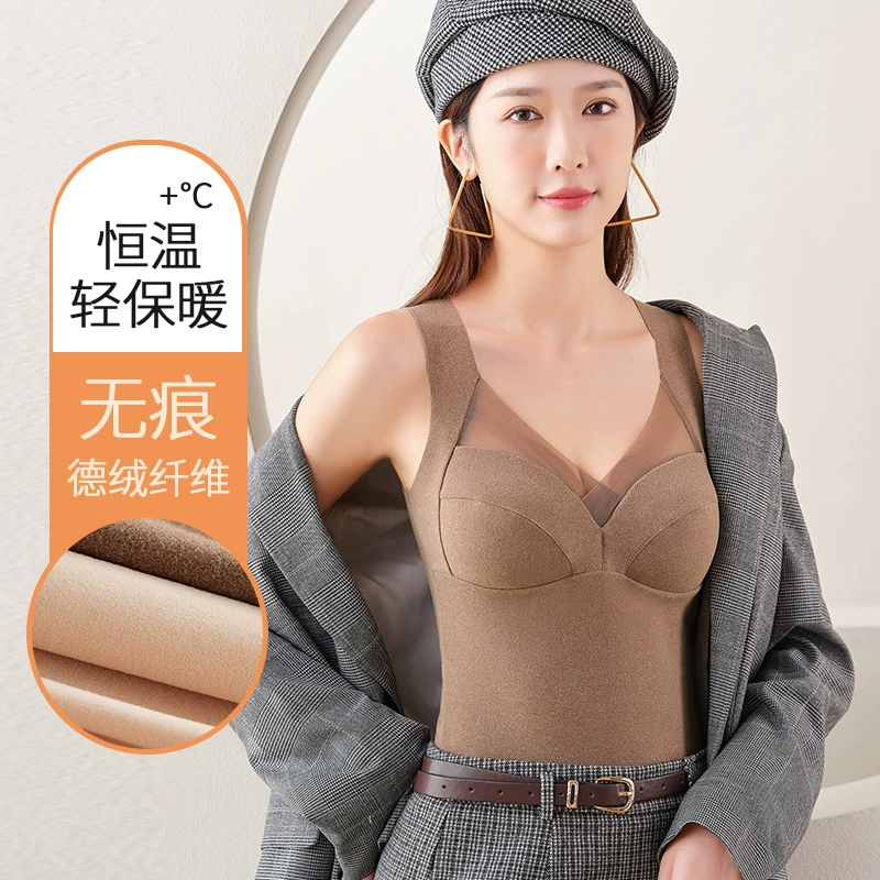 Женский бархатный теплый бесшовный жилет Женская утепленная осенне-зимняя внутренняя одежда на флисовой подкладке Базовая рубашка для внешней одежды с нагрудной подкладкой Термобелье для женщин