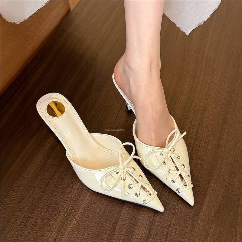 Hong Kong Bowknot Stiletto Pointed-Toe Mules for Women 2025 Summer New Sexy Pointed High-Heeled Versatile Mules