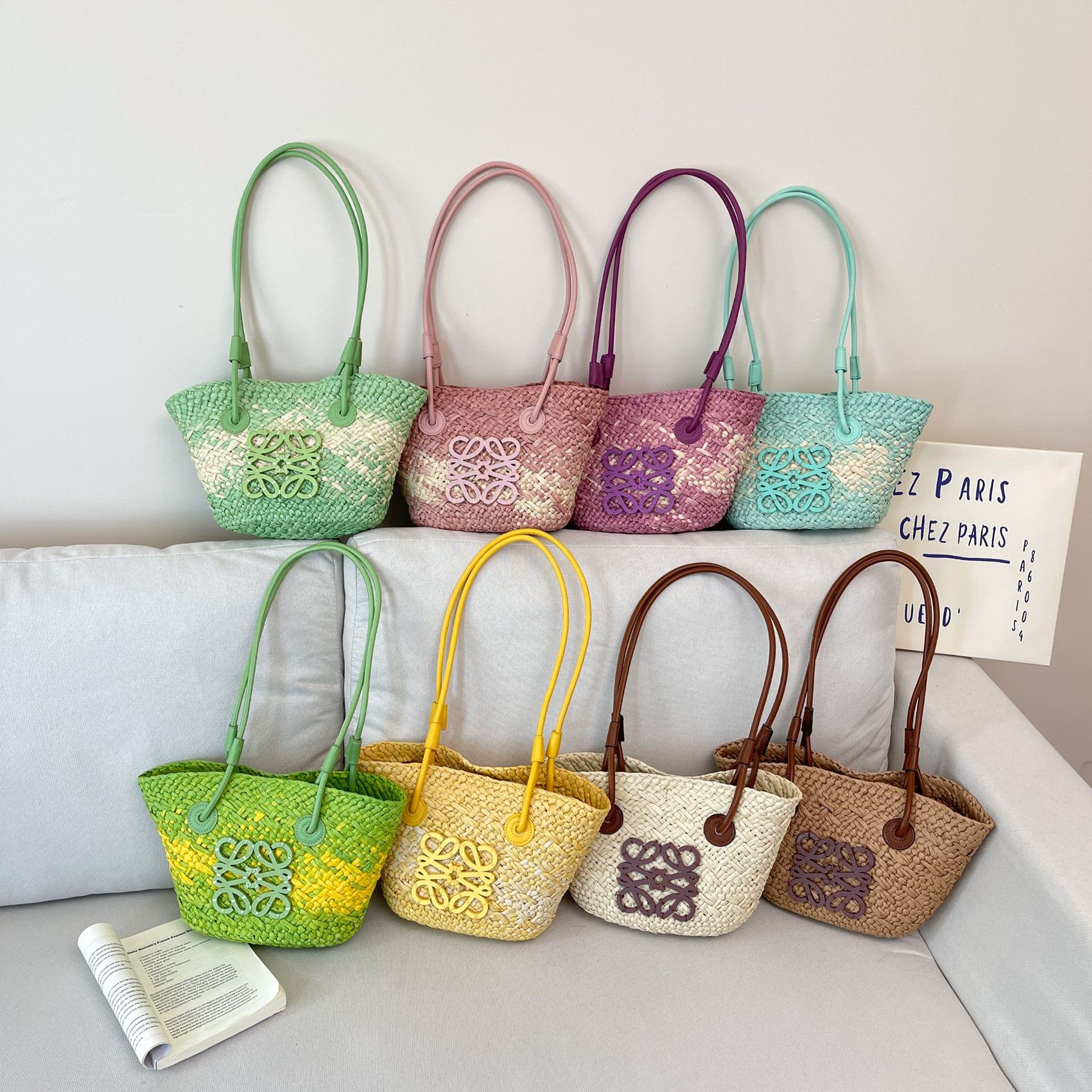Fashion Gradient Straw Bag, Casual Commuting Color-Blocking Beach Bag, Stylish Versatile Trendy Woven Basket Bag