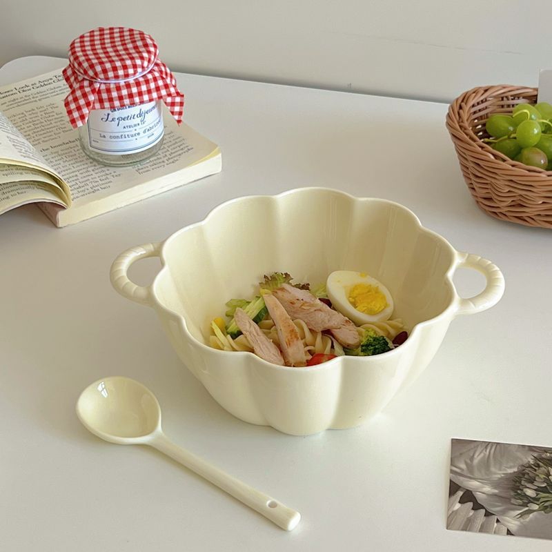 高顔値乳黄色両耳大スープ碗スプーン風陶磁器家庭用サラダ泡麺碗かわいいカボチャ碗|undefined