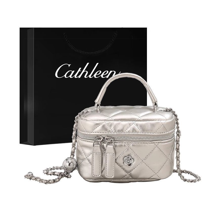 小花菱格链条包女新款时尚手提盒子包百搭腋下包单肩斜挎包