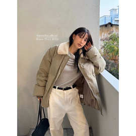 现 2025冬季新款韩国设计师mon*ha翻领大口袋毛毛领羽绒服外套