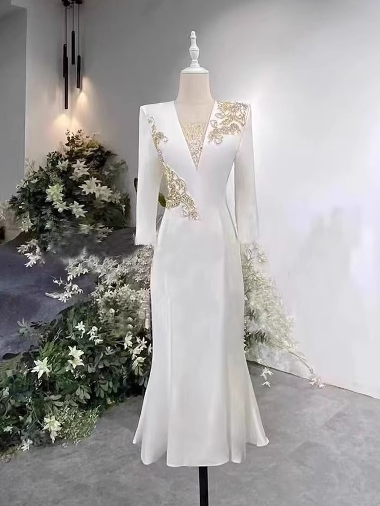 Đầm dạ hội trắng nữ cao cấp phong cách thanh nhạc biểu diễn — Màu trắng