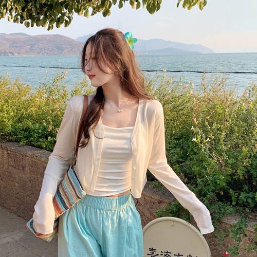 Knitted cardigan with suspenders, thin women's summer tensel sunscreen blouse, knitted top, ice silk tulle shawl coat