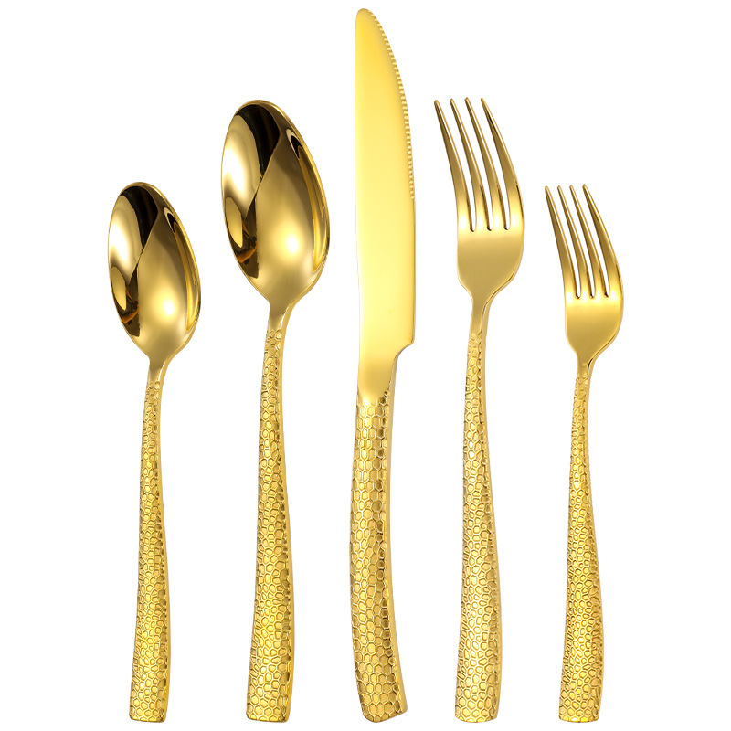 Cross-border de acero inoxidable 430 cuchillo y tenedor con patrón de martillo cuchara de postre piel de serpiente vajilla occidental dorada cubo de agua filete juego de cuchillo y tenedor
