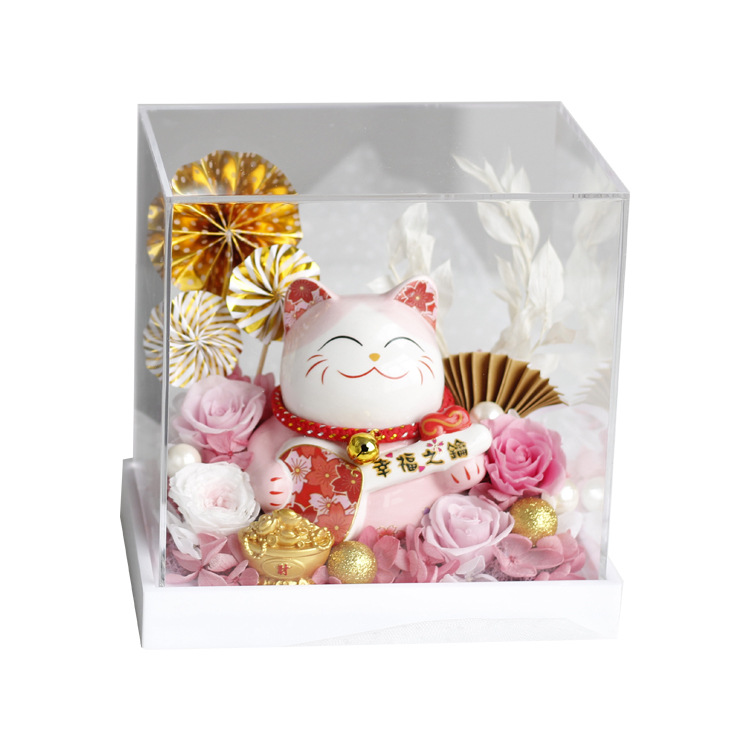 Flor de Víspera de Año Nuevo regalo de Año Nuevo de cerámica fortuna gato caja de regalo de acrílico Rosa flor seca Yunnan flor eterna producto terminado