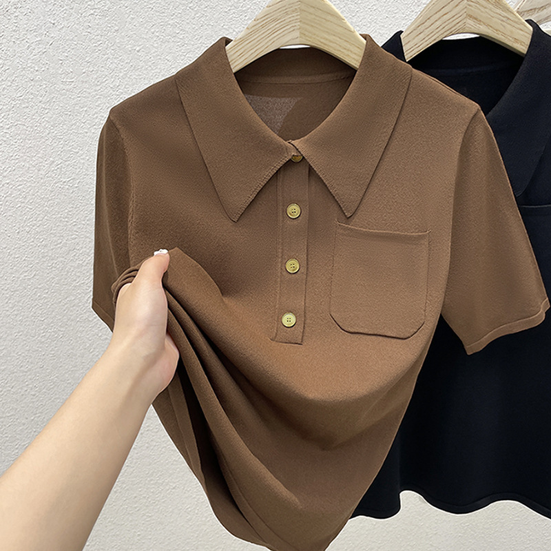 Plus Size Women's Polo Collar Ice Silk Short-sleeved T-shirt Women's Summer Thin Loose Slimming Western-style Lapp Top