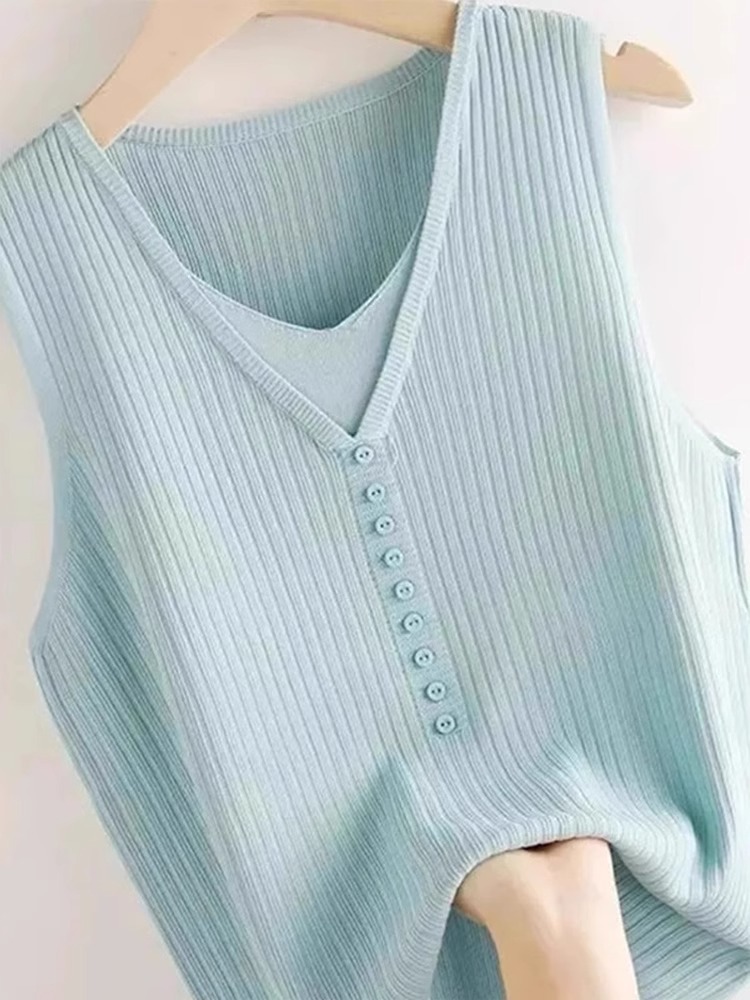Áo hai dây dệt kim giả hai mảnh lụa băng nữ, mặc trong áo sơ mi hoặc blazer, không tay — Màu đen