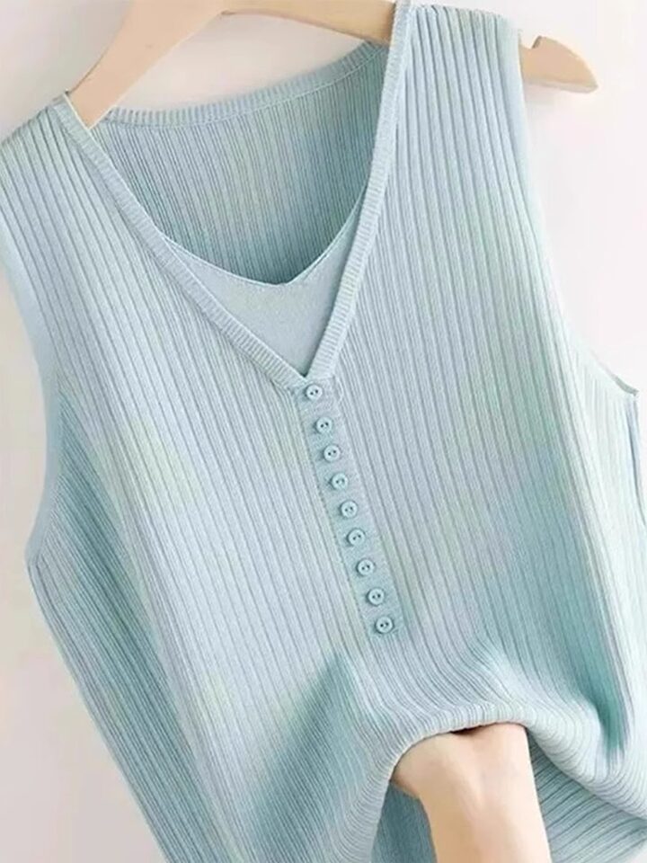 Áo hai dây nữ giả hai mảnh dệt kim gân, áo lót mặc trong không tay dáng suông dài 65–80 cm — Màu hồng, Màu mơ, Màu trắng, Màu xanh lam