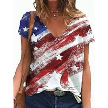 新款美國獨立日節日數碼印花女士V領3D印花大碼休閑T恤 廠家批發