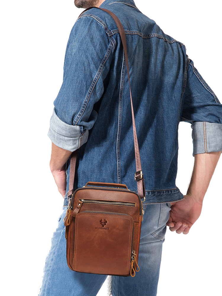 Bolso de hombro Hummer Paul de cuero genuino para hombre, bandolera de cuero Crazy Horse de primera capa, mochila de viaje con textura vintage.