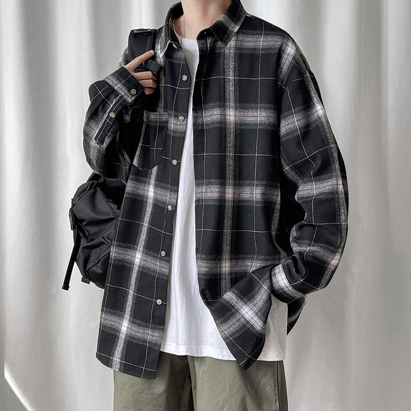 Hong Kong style vintage plaid shirt for men, spring and autumn, high street style, loose and casual, Korean style, trendy jacket, plus size.