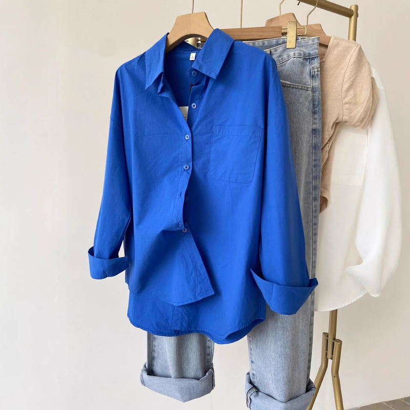 2026 Korean-style Klein blue women's shirt, single-breasted, early autumn, long-sleeved, high-end shirt for petite women, loose fit 2026 Korean-style Klein blue women's shirt, single-breasted, early autumn, long-sleeved, high-end shirt for petite women, loose fit