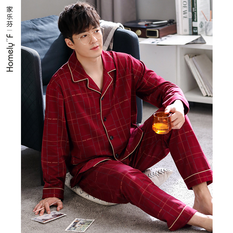 Pijamas hombres otoño primavera otoño 100% algodón de manga larga ropa para el hogar Otoño e Invierno Delgado rojo grande año de nacimiento