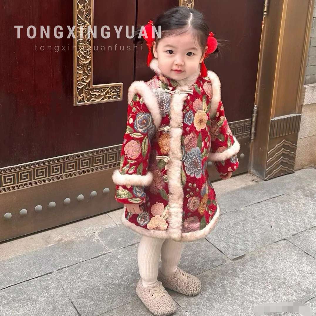 Ropa de invierno de niñas con terciopelo más grueso y cálido Año Nuevo Tang traje de bebé cheongsam abrigo de Año Nuevo vestido rojo image 5