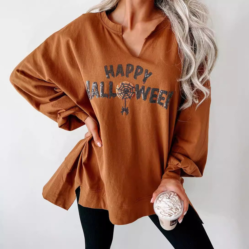 Shiying European and American Halloween Pumpkin Pullover Autumn Happy Halloween Printed Loose Long Sleeve T-Shirt for Women